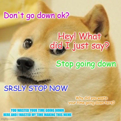 afjsdhfjsgfjsdhflhsdfjkshdfkjshttps://youtooz.com/ | Don't go down ok? Hey! What did I just say? Stop going down; SRSLY STOP NOW; Why did you waste your time going down here? YOU WASTED YOUR TIME GOING DOWN HERE AND I WASTED MY TIME MAKING THIS MEME | image tagged in memes,doge,stop reading the tags,angry,stop,ha ha tags go brr | made w/ Imgflip meme maker