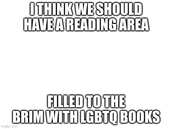 sound good? | I THINK WE SHOULD HAVE A READING AREA; FILLED TO THE BRIM WITH LGBTQ BOOKS | image tagged in blank white template | made w/ Imgflip meme maker