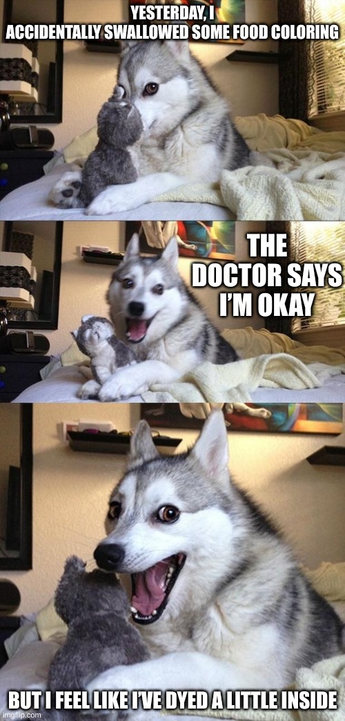 Oh The Iron-E | YESTERDAY, I ACCIDENTALLY SWALLOWED SOME FOOD COLORING; THE DOCTOR SAYS I’M OKAY; BUT I FEEL LIKE I’VE DYED A LITTLE INSIDE | image tagged in bad joke dog | made w/ Imgflip meme maker