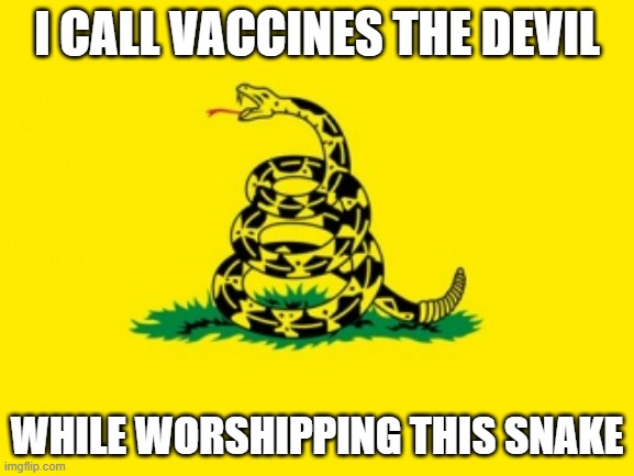 Gadsden Flag | I CALL VACCINES THE DEVIL; WHILE WORSHIPPING THIS SNAKE | image tagged in gadsden flag | made w/ Imgflip meme maker