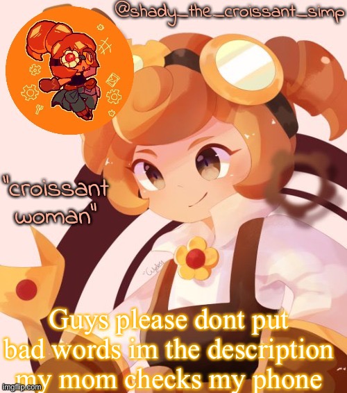 h | Guys please dont put bad words im the description my mom checks my phone | image tagged in yet another croissant woman temp thank syoyroyoroi | made w/ Imgflip meme maker