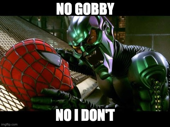 Spiderman and Green Goblin | NO GOBBY; NO I DON'T | image tagged in spiderman and green goblin | made w/ Imgflip meme maker