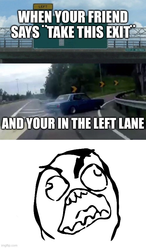 WHEN YOUR FRIEND SAYS ¨TAKE THIS EXIT¨ AND YOUR IN THE LEFT LANE | image tagged in memes,left exit 12 off ramp,rage bee | made w/ Imgflip meme maker