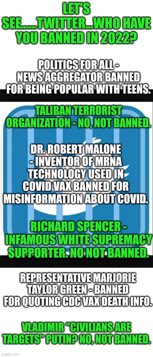 Sheesh Twitter, just say you stand for evil instead of pretending | LET'S SEE......TWITTER...WHO HAVE YOU BANNED IN 2022? POLITICS FOR ALL - NEWS AGGREGATOR BANNED FOR BEING POPULAR WITH TEENS. TALIBAN TERRORIST ORGANIZATION - NO, NOT BANNED. DR. ROBERT MALONE - INVENTOR OF MRNA TECHNOLOGY USED IN COVID VAX BANNED FOR MISINFORMATION ABOUT COVID. RICHARD SPENCER - INFAMOUS WHITE SUPREMACY SUPPORTER. NO NOT BANNED. REPRESENTATIVE MARJORIE TAYLOR GREEN - BANNED FOR QUOTING CDC VAX DEATH INFO. VLADIMIR "CIVILIANS ARE TARGETS" PUTIN? NO, NOT BANNED. | image tagged in twitter jail,banned | made w/ Imgflip meme maker