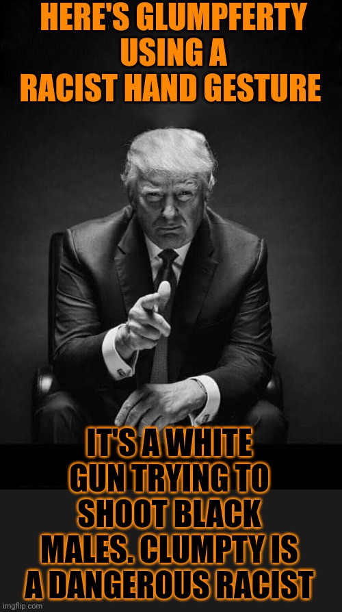 Do you need any more proof Flumpft is an insane racist??? How many more Blacks will he kill? I like killing small animals. | HERE'S GLUMPFERTY USING A RACIST HAND GESTURE; IT'S A WHITE GUN TRYING TO SHOOT BLACK MALES. CLUMPTY IS A DANGEROUS RACIST | image tagged in trump gives you the finger | made w/ Imgflip meme maker