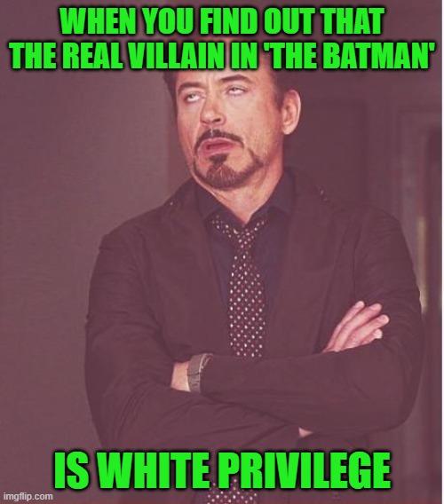 Spoiler alert! (Well, not really) |  WHEN YOU FIND OUT THAT THE REAL VILLAIN IN 'THE BATMAN'; IS WHITE PRIVILEGE | image tagged in face you make robert downey jr,white privilege,the batman | made w/ Imgflip meme maker