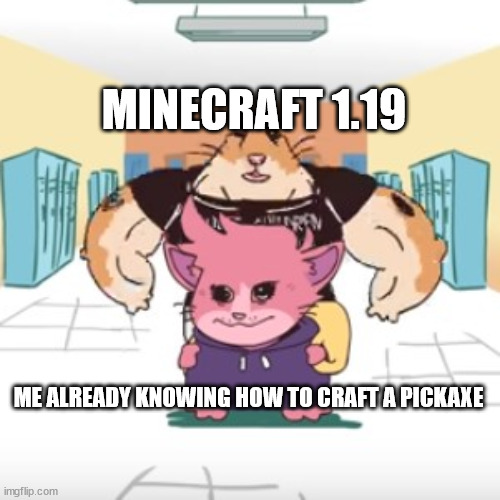 Why minecraft :( | MINECRAFT 1.19; ME ALREADY KNOWING HOW TO CRAFT A PICKAXE | image tagged in being more late,funny,minecraft | made w/ Imgflip meme maker