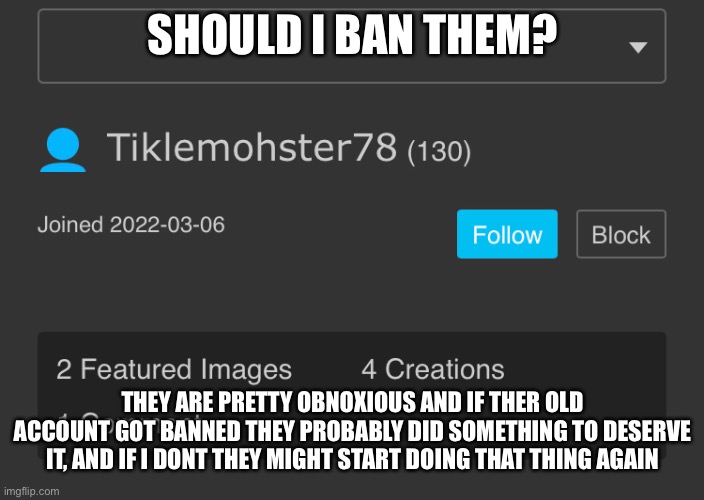 SHOULD I BAN THEM? THEY ARE PRETTY OBNOXIOUS AND IF THER OLD ACCOUNT GOT BANNED THEY PROBABLY DID SOMETHING TO DESERVE IT, AND IF I DONT THEY MIGHT START DOING THAT THING AGAIN | made w/ Imgflip meme maker