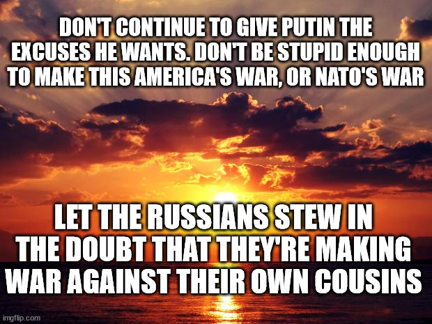 Sunset | DON'T CONTINUE TO GIVE PUTIN THE EXCUSES HE WANTS. DON'T BE STUPID ENOUGH TO MAKE THIS AMERICA'S WAR, OR NATO'S WAR; LET THE RUSSIANS STEW IN THE DOUBT THAT THEY'RE MAKING WAR AGAINST THEIR OWN COUSINS | image tagged in sunset | made w/ Imgflip meme maker