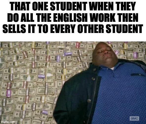 This Relatable? | THAT ONE STUDENT WHEN THEY DO ALL THE ENGLISH WORK THEN SELLS IT TO EVERY OTHER STUDENT | image tagged in huell money,english,school,funny | made w/ Imgflip meme maker