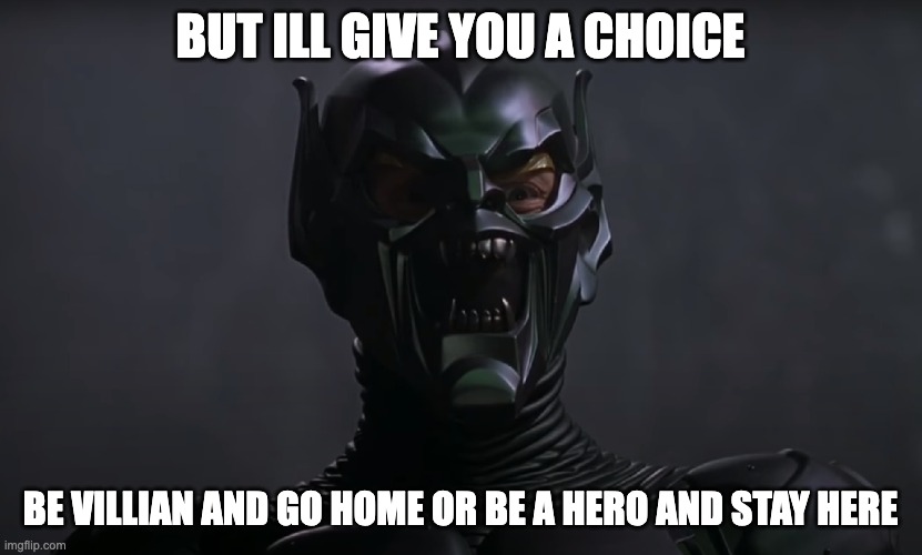 Misery is what you've chosen | BUT ILL GIVE YOU A CHOICE; BE VILLIAN AND GO HOME OR BE A HERO AND STAY HERE | image tagged in misery is what you've chosen | made w/ Imgflip meme maker
