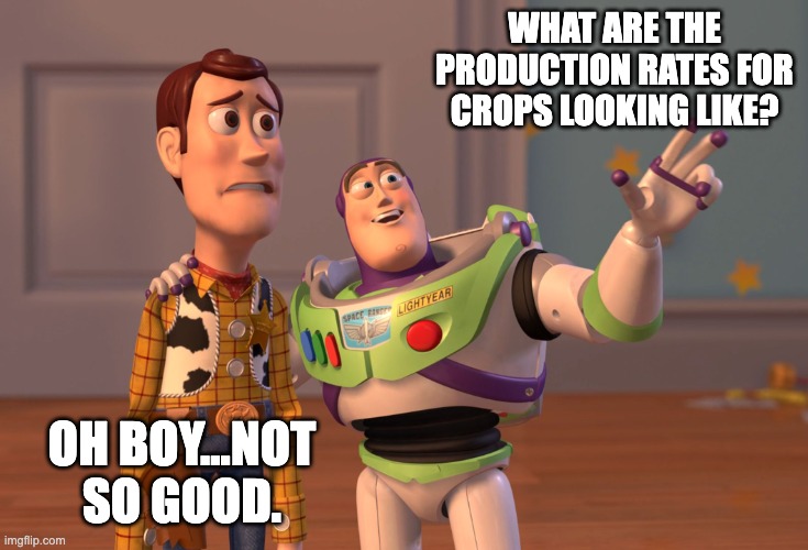Crops Crop Everywhere | WHAT ARE THE PRODUCTION RATES FOR CROPS LOOKING LIKE? OH BOY...NOT SO GOOD. | image tagged in memes,x x everywhere | made w/ Imgflip meme maker