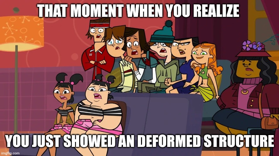 Deformed structure | THAT MOMENT WHEN YOU REALIZE; YOU JUST SHOWED AN DEFORMED STRUCTURE | image tagged in shocked audience | made w/ Imgflip meme maker