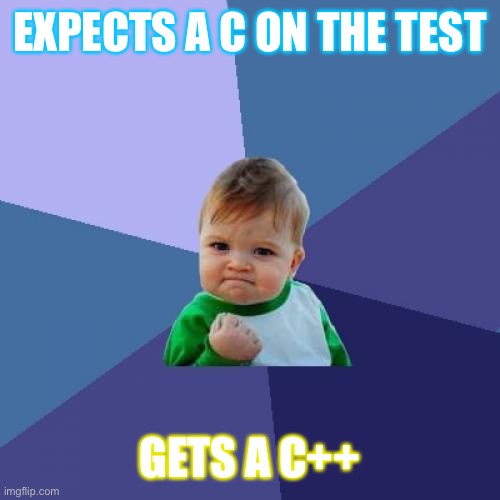 Success Kid | EXPECTS A C ON THE TEST; GETS A C++ | image tagged in memes,success kid | made w/ Imgflip meme maker