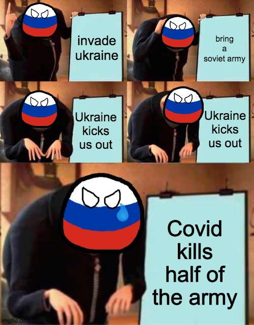 Russia's Plan | invade ukraine; bring a soviet army; Ukraine kicks us out; Ukraine kicks us out; Covid kills half of the army | image tagged in memes,gru's plan | made w/ Imgflip meme maker