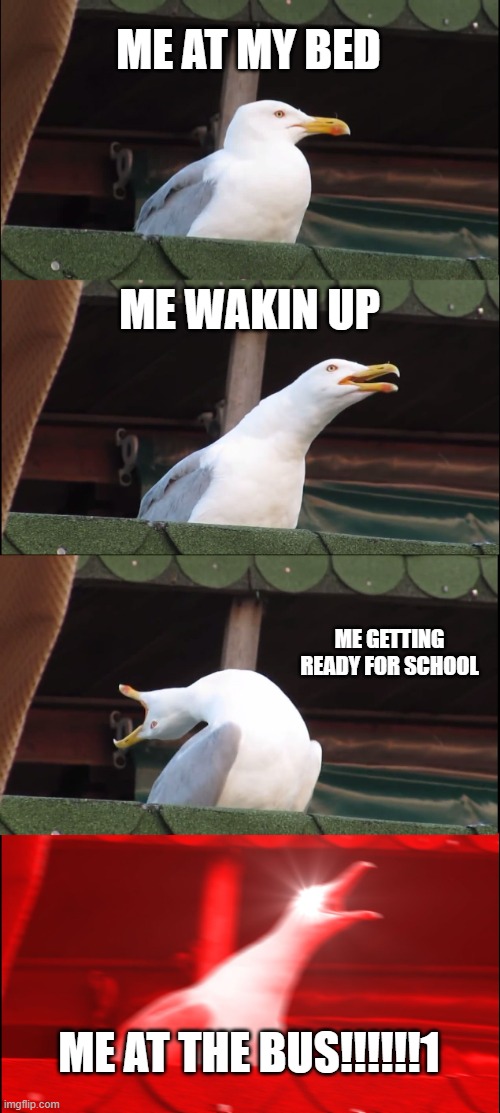 Inhaling Seagull | ME AT MY BED; ME WAKIN UP; ME GETTING READY FOR SCHOOL; ME AT THE BUS!!!!!!1 | image tagged in memes,inhaling seagull | made w/ Imgflip meme maker