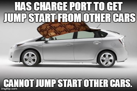 HAS CHARGE PORT TO GET JUMP START FROM OTHER CARS CANNOT JUMP START OTHER CARS. | image tagged in scumbag | made w/ Imgflip meme maker