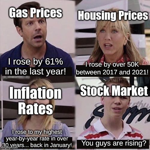 The economy rn... | Gas Prices; Housing Prices; I rose by 61% in the last year! I rose by over 50K between 2017 and 2021! Stock Market; Inflation Rates; I rose to my highest year-by-year rate in over 30 years... back in January! You guys are rising? | image tagged in you guys are getting paid template,economy,gas station,inflation,stock market,i have a feeling this will be controversial | made w/ Imgflip meme maker