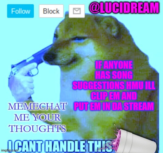 . | IF ANYONE HAS SONG SUGGESTIONS HMU ILL CLIP EM AND PUT EM IN DA STREAM | image tagged in tell me your thoughts | made w/ Imgflip meme maker