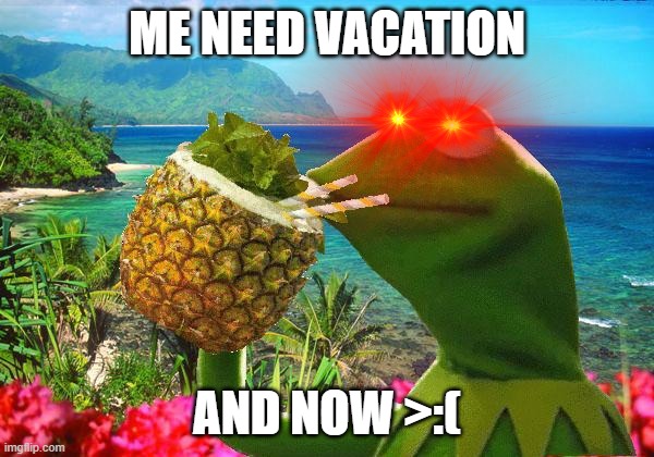 kermit meme | ME NEED VACATION; AND NOW >:( | image tagged in memes,kermit the frog | made w/ Imgflip meme maker