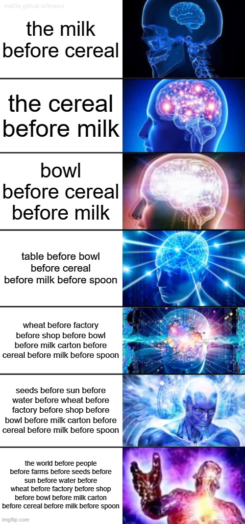 Cereal logic | the milk before cereal; the cereal before milk; bowl before cereal before milk; table before bowl before cereal before milk before spoon; wheat before factory before shop before bowl before milk carton before cereal before milk before spoon; seeds before sun before water before wheat before factory before shop before bowl before milk carton before cereal before milk before spoon; the world before people before farms before seeds before sun before water before wheat before factory before shop before bowl before milk carton before cereal before milk before spoon | image tagged in 7-tier expanding brain,logic,cereal | made w/ Imgflip meme maker