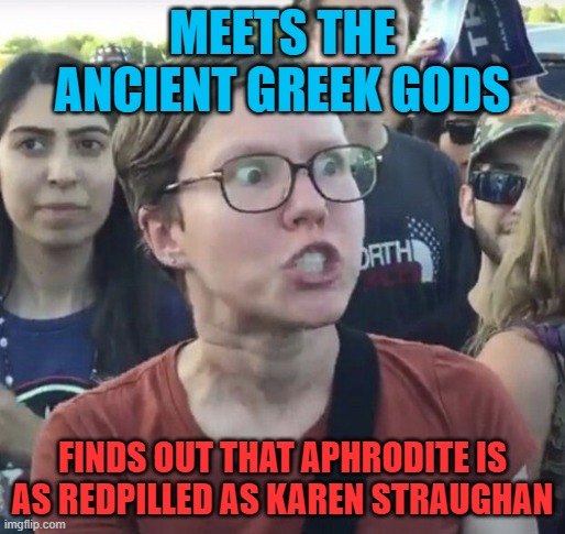 Wouldn't this be glorious? | MEETS THE ANCIENT GREEK GODS; FINDS OUT THAT APHRODITE IS AS REDPILLED AS KAREN STRAUGHAN | image tagged in triggered feminist,memes,gods,greek mythology,greek,feminism | made w/ Imgflip meme maker