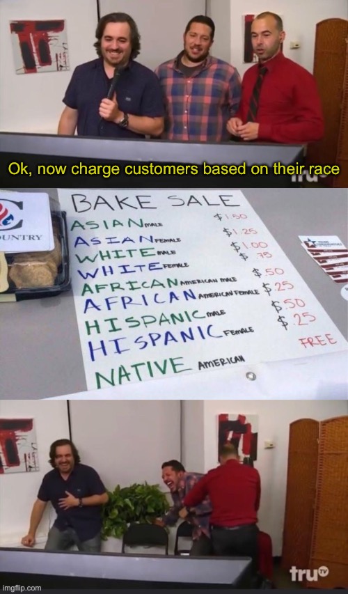 “Let’s fight racism with more racism.” -Some guy probably (this is probably satire but I wouldn’t be surprised if someone actual | Ok, now charge customers based on their race | made w/ Imgflip meme maker
