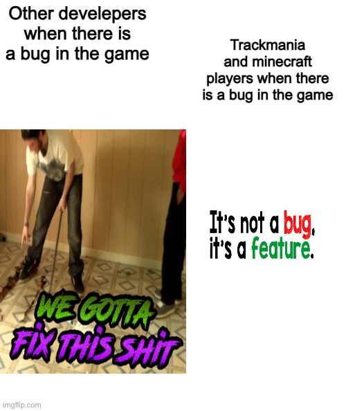 Geam buggs | Trackmania and minecraft players when there is a bug in the game; Other develepers when there is a bug in the game | image tagged in video games,bugs | made w/ Imgflip meme maker