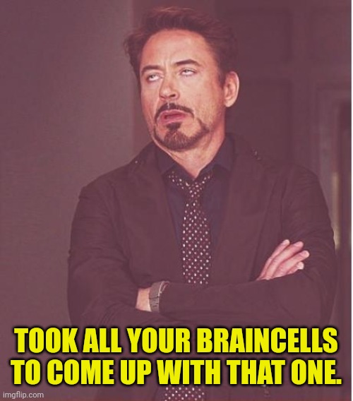 Face You Make Robert Downey Jr Meme | TOOK ALL YOUR BRAINCELLS TO COME UP WITH THAT ONE. | image tagged in memes,face you make robert downey jr | made w/ Imgflip meme maker