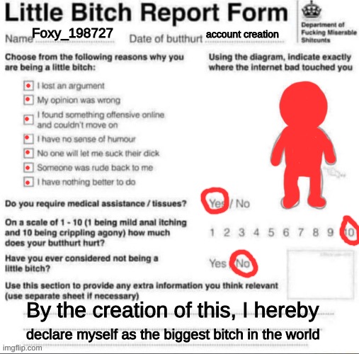 /j | Foxy_198727; account creation; By the creation of this, I hereby; declare myself as the biggest bitch in the world | image tagged in little bitch report form | made w/ Imgflip meme maker