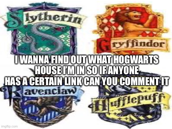 I WANNA FIND OUT WHAT HOGWARTS HOUSE I’M IN SO IF ANYONE HAS A CERTAIN LINK CAN YOU COMMENT IT | made w/ Imgflip meme maker