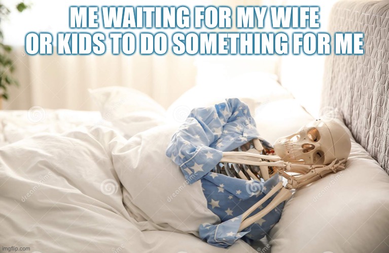 Skeleton waiting | ME WAITING FOR MY WIFE OR KIDS TO DO SOMETHING FOR ME | image tagged in waiting for someone to do something | made w/ Imgflip meme maker