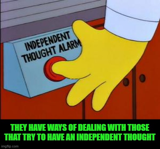 Thought Alarm | THEY HAVE WAYS OF DEALING WITH THOSE THAT TRY TO HAVE AN INDEPENDENT THOUGHT | image tagged in thought alarm | made w/ Imgflip meme maker