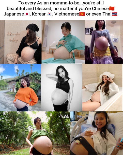 Asian Pregnancy Appreciation | To every Asian momma-to-be...you're still beautiful and blessed, no matter if you're Chinese🇨🇳, Japanese🇯🇵, Korean🇰🇷, Vietnamese🇻🇳 or even Thai🇹🇭. | image tagged in pregnancy,asians,appreciation,strong women,beautiful,blessed | made w/ Imgflip meme maker
