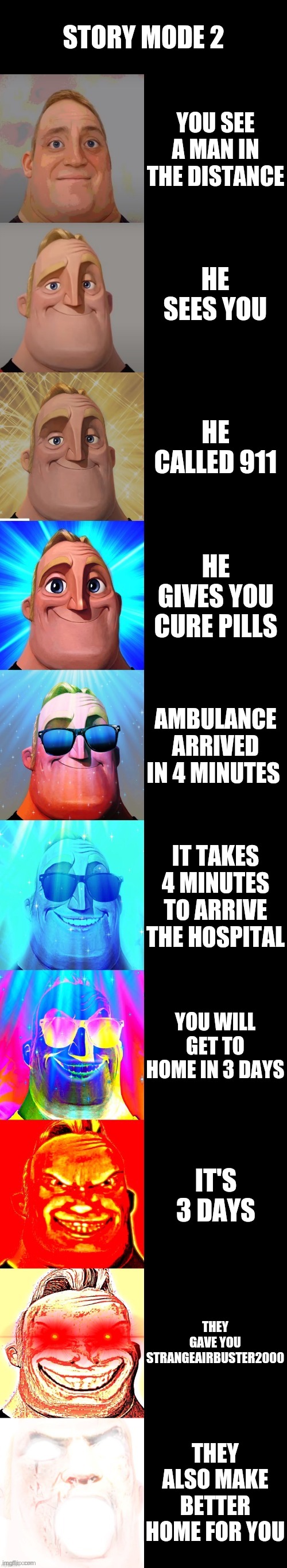 mr incredible becoming canny | STORY MODE 2; YOU SEE A MAN IN THE DISTANCE; HE SEES YOU; HE CALLED 911; HE GIVES YOU CURE PILLS; AMBULANCE ARRIVED IN 4 MINUTES; IT TAKES 4 MINUTES TO ARRIVE THE HOSPITAL; YOU WILL GET TO HOME IN 3 DAYS; IT'S 3 DAYS; THEY GAVE YOU STRANGEAIRBUSTER2000; THEY ALSO MAKE BETTER HOME FOR YOU | image tagged in mr incredible becoming canny | made w/ Imgflip meme maker