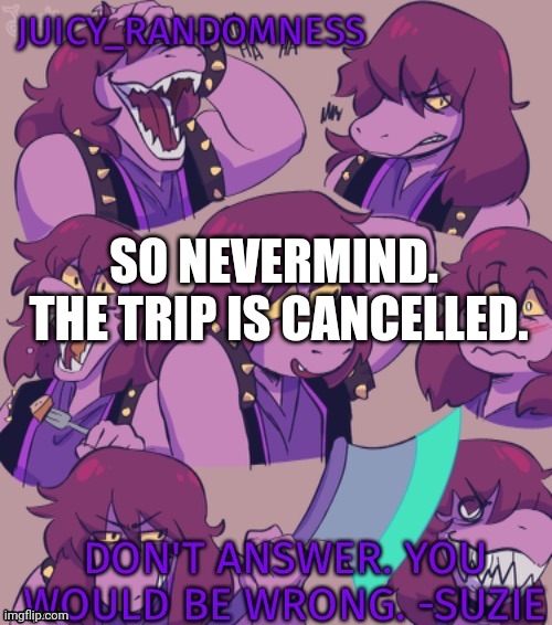 My template | SO NEVERMIND.  THE TRIP IS CANCELLED. | image tagged in my template | made w/ Imgflip meme maker