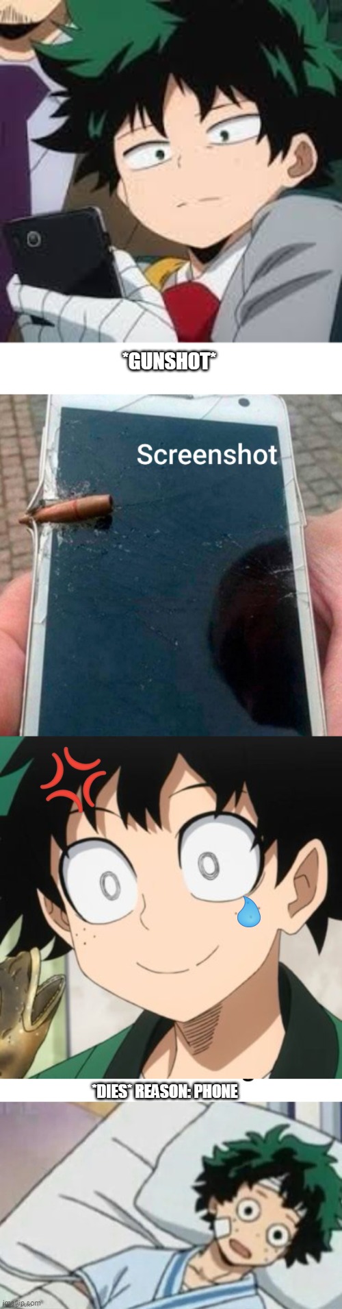 iPhone + Broken = Death | *GUNSHOT*; *DIES* REASON: PHONE | image tagged in deku dissapointed,triggered deku,deku dies from cringe | made w/ Imgflip meme maker