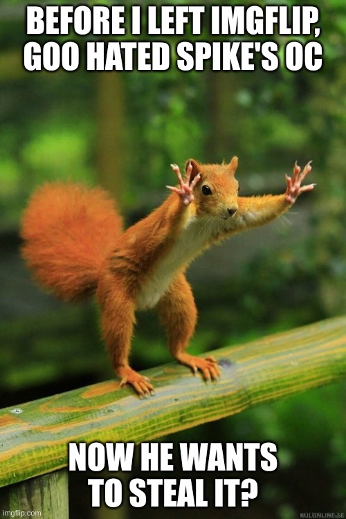 Wait a Minute Squirrel | BEFORE I LEFT IMGFLIP, GOO HATED SPIKE'S OC; NOW HE WANTS TO STEAL IT? | image tagged in wait a minute squirrel | made w/ Imgflip meme maker