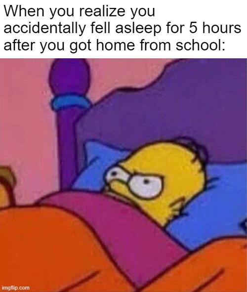 I Missed Dinner | When you realize you accidentally fell asleep for 5 hours after you got home from school: | image tagged in angry homer simpson in bed | made w/ Imgflip meme maker