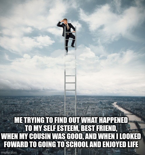 where are they..? | ME TRYING TO FIND OUT WHAT HAPPENED TO MY SELF-ESTEEM, BEST FRIEND, WHEN MY COUSIN WAS GOOD, AND WHEN I LOOKED FOWARD TO GOING TO SCHOOL AND ENJOYED LIFE | image tagged in searching | made w/ Imgflip meme maker