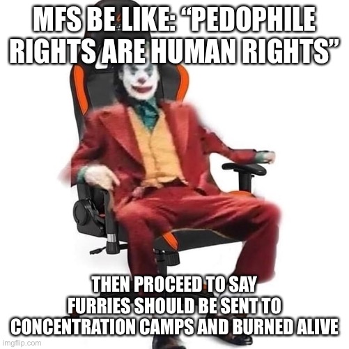 I’m pretty sure that was a joke, so is this one | MFS BE LIKE: “PEDOPHILE RIGHTS ARE HUMAN RIGHTS”; THEN PROCEED TO SAY FURRIES SHOULD BE SENT TO CONCENTRATION CAMPS AND BURNED ALIVE | made w/ Imgflip meme maker