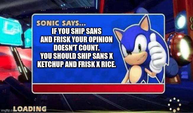 Sonic Says | IF YOU SHIP SANS AND FRISK YOUR OPINION DOESN'T COUNT. YOU SHOULD SHIP SANS X KETCHUP AND FRISK X RICE. | image tagged in sonic says | made w/ Imgflip meme maker