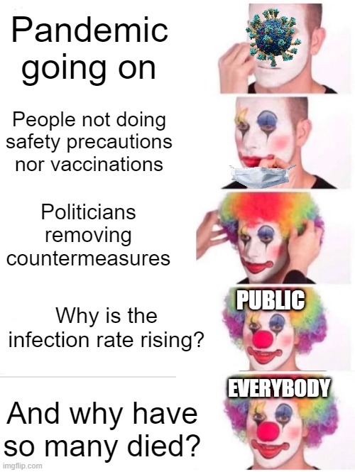 Why, just why? | Pandemic going on; People not doing safety precautions
nor vaccinations; Politicians removing countermeasures; PUBLIC; Why is the infection rate rising? EVERYBODY; And why have so many died? | image tagged in memes,clown applying makeup | made w/ Imgflip meme maker