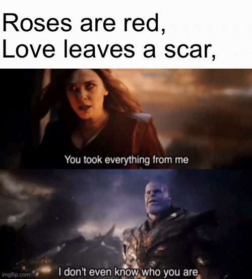 Poetry | Roses are red,
Love leaves a scar, | image tagged in white box,you took everything from me - i don't even know who you are,roses are red | made w/ Imgflip meme maker