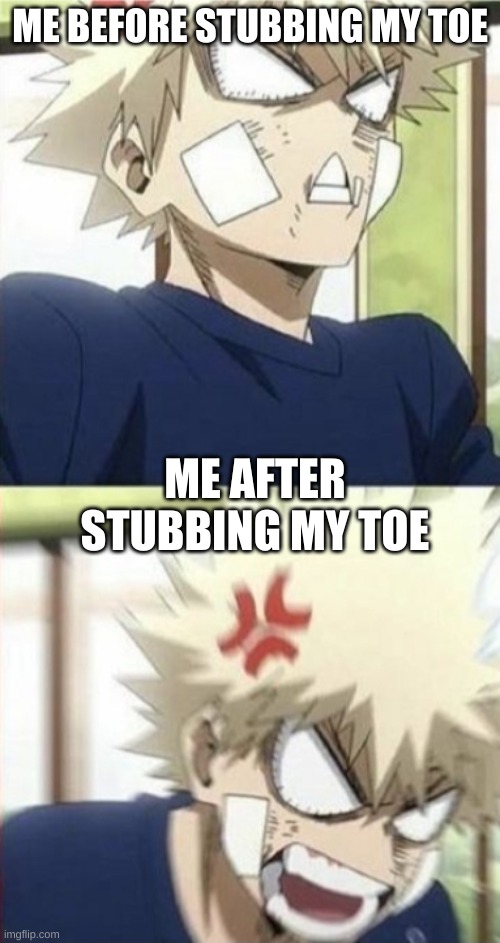 Bakugo | ME BEFORE STUBBING MY TOE; ME AFTER STUBBING MY TOE | image tagged in bakugo,memes,funny | made w/ Imgflip meme maker