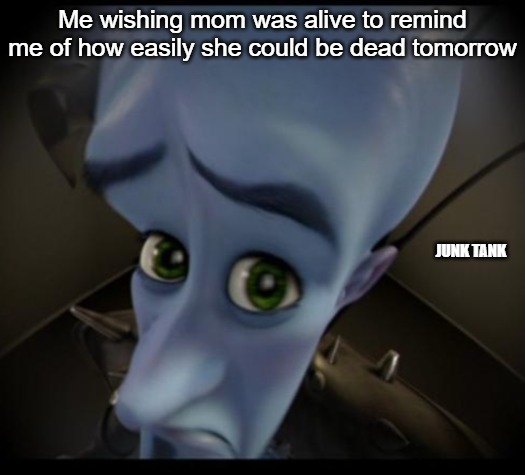 Missing Mom |  Me wishing mom was alive to remind me of how easily she could be dead tomorrow; JUNK TANK | image tagged in no bitches,mom,mother,junk tank | made w/ Imgflip meme maker