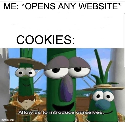 So true tho | ME: *OPENS ANY WEBSITE*; COOKIES: | image tagged in allow us to introduce ourselves,cookies,allow us,veggietales 'allow us to introduce ourselfs',website,first page | made w/ Imgflip meme maker