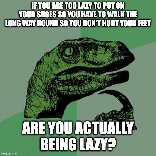 Walking the long way | IF YOU ARE TOO LAZY TO PUT ON YOUR SHOES SO YOU HAVE TO WALK THE LONG WAY ROUND SO YOU DON'T HURT YOUR FEET; ARE YOU ACTUALLY BEING LAZY? | image tagged in memes,philosoraptor | made w/ Imgflip meme maker