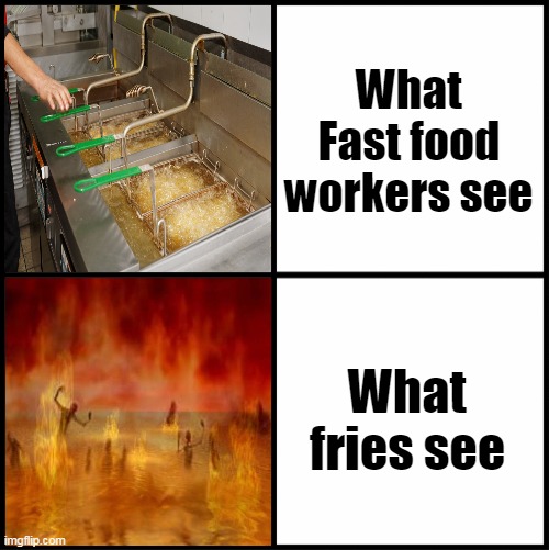 Cooking to Perfection | What Fast food workers see; What fries see | image tagged in blank drake format,meme,memes,french fries | made w/ Imgflip meme maker