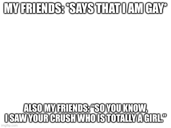 True story |  MY FRIENDS: *SAYS THAT I AM GAY*; ALSO MY FRIENDS: “SO YOU KNOW, I SAW YOUR CRUSH WHO IS TOTALLY A GIRL.” | image tagged in blank white template | made w/ Imgflip meme maker